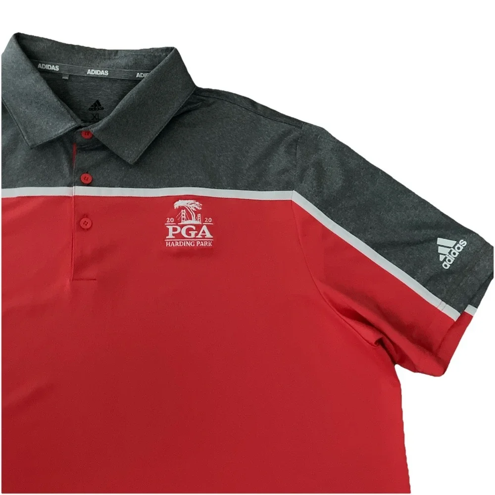 Adidas Shirt Mens XL Red Gray 2020 PGA Harding Park Golf Polo‎ Short Sleeve